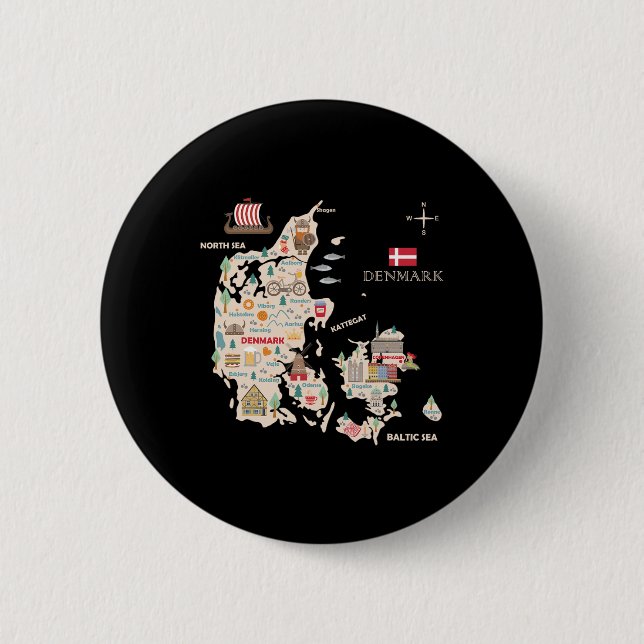 Badge Rond 5 Cm Travel Europe Danemark Carte Copenhagen Danish Fam (Devant)