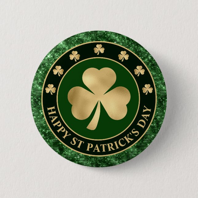 Badge Rond 5 Cm Trèfle de Shamrock vert et or St Patrick's Day (Devant)