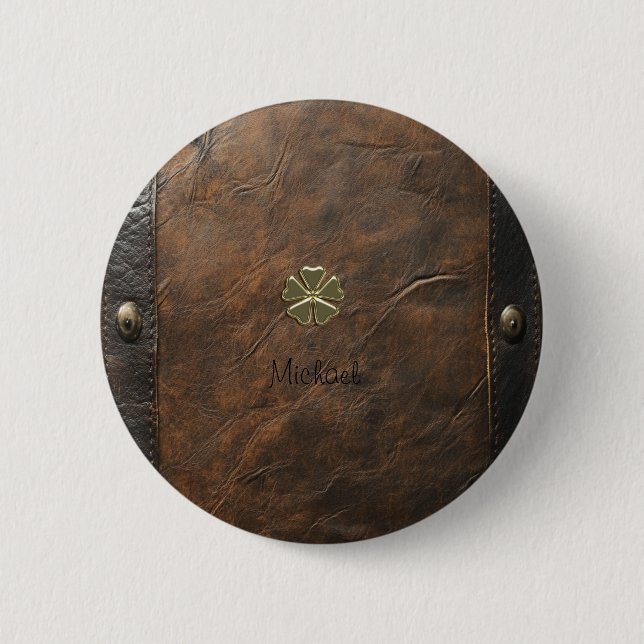 Badge Rond 5 Cm Trèfle doré Saint-Patrick, Cuir marron (Devant)