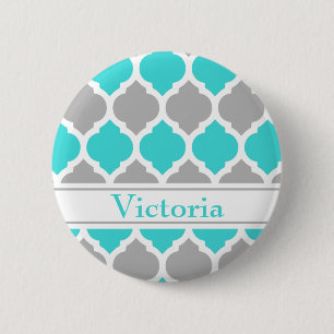 Badge Rond 5 Cm Trellis marocain turquoise et gris