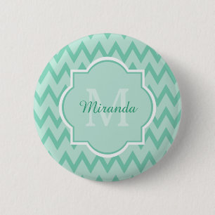 Badge Rond 5 Cm Trendy Mint Green Chevron Zigzag Nom et Monogramme
