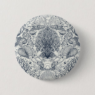 Badge Rond 5 Cm Trésors de plage, coquillages, crabes, coraux et s