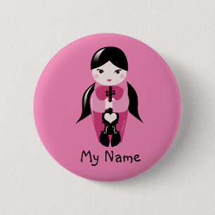Badge Rond 5 Cm Tresses et bouton rose de poupée de violon