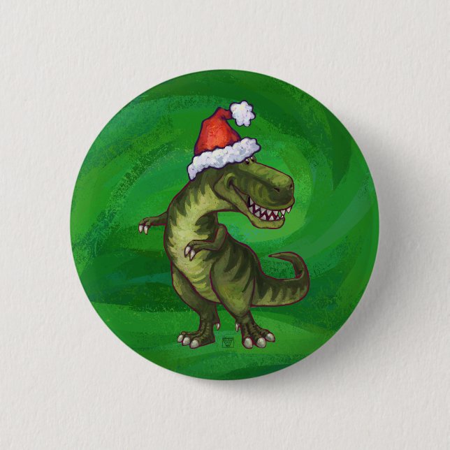Badge Rond 5 Cm TRex à Santa Hat sur Green (Devant)