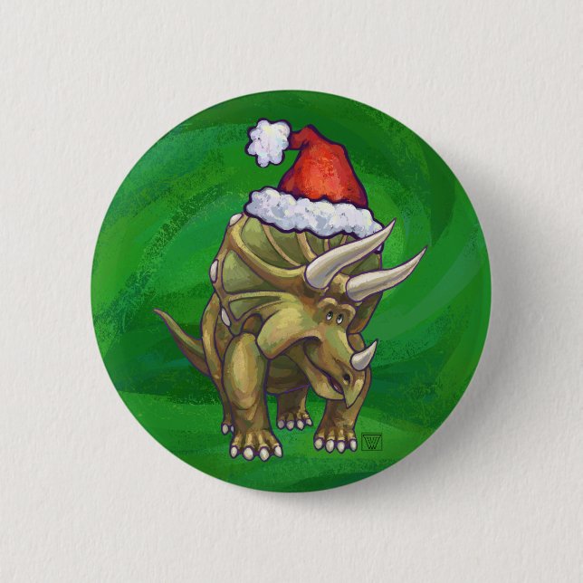Badge Rond 5 Cm Triceratops Noël Vert (Devant)
