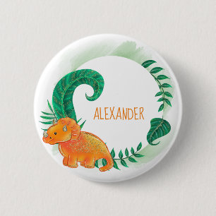 Badge Rond 5 Cm Triceratops   orange lumineux mignon de dinosaure