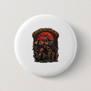 Badge Rond 5 Cm Trick Or Treat Halloween Tueur Squelette Hache Rou