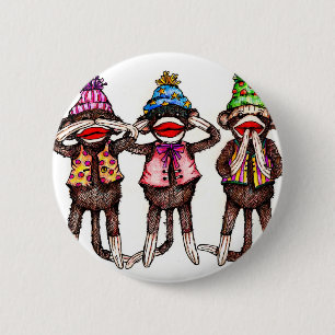 Badge Rond 5 Cm Trio de singe de chaussette - ne voir, entendre,