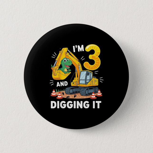 Badge Rond 5 Cm Trois 3 ans 3e anniversaire Construction Dinosaure (Devant)