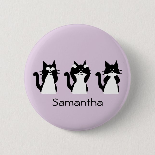 Badge Rond 5 Cm Trois Kitties Sages Noir Blanc Violet Personnalisé (Devant)