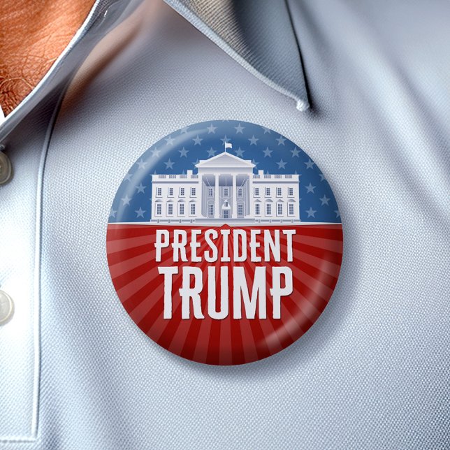 Badge Rond 5 Cm Trump avec la Maison Blanche étoiles et rayures (Trump 2024 Button)