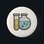 Badge Rond 5 Cm Tube d'essai de chimie et bécher<br><div class="desc">Bouton à l'illustration mignonne d'un tube d'essai tenant du liquide jaune et un ballon/bécher arrondi tenant du liquide vert avec des bulles rouges.</div>