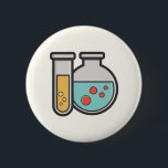 Badge Rond 5 Cm Tube d'essai de chimie et bécher<br><div class="desc">Bouton à l'illustration mignonne d'un tube d'essai tenant du liquide jaune et un ballon/bécher arrondi tenant du liquide vert avec des bulles rouges.</div>