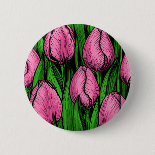 Badge Rond 5 Cm Tulières roses avec feuilles verts