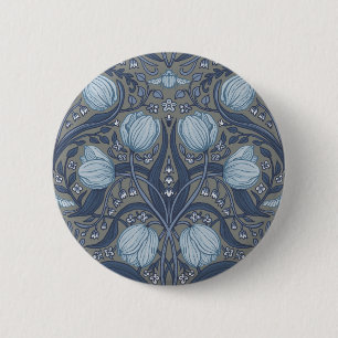 Badge Rond 5 Cm Tulipes Rétro Nouveau en bleu et étain