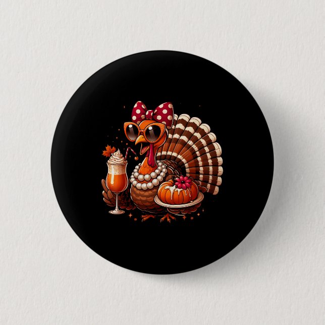 Badge Rond 5 Cm Turkey Drinking Coffee Bow Thanksgiving Womens Tur (Devant)