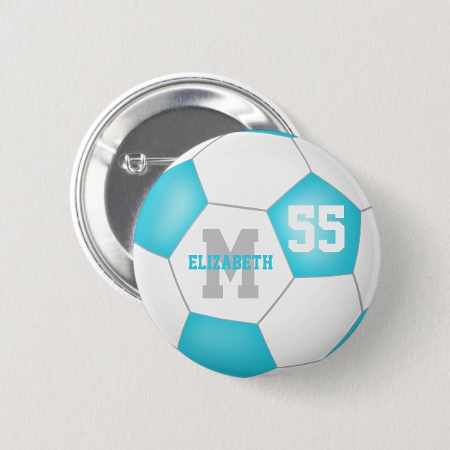 Badge Rond 5 Cm turquoise gris blanc filles soccer personnalisé (Devant & derrière)