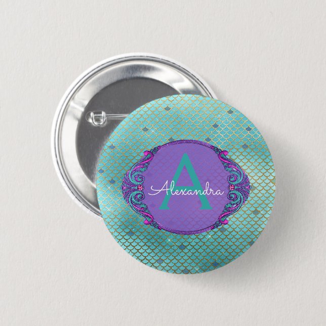 Badge Rond 5 Cm Turquoise vert et mauve Étalons de sirène Monogram (Devant & derrière)