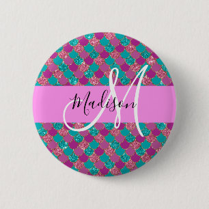 Badge Rond 5 Cm Turquoise Violet Sirène Paillettes Monogramme