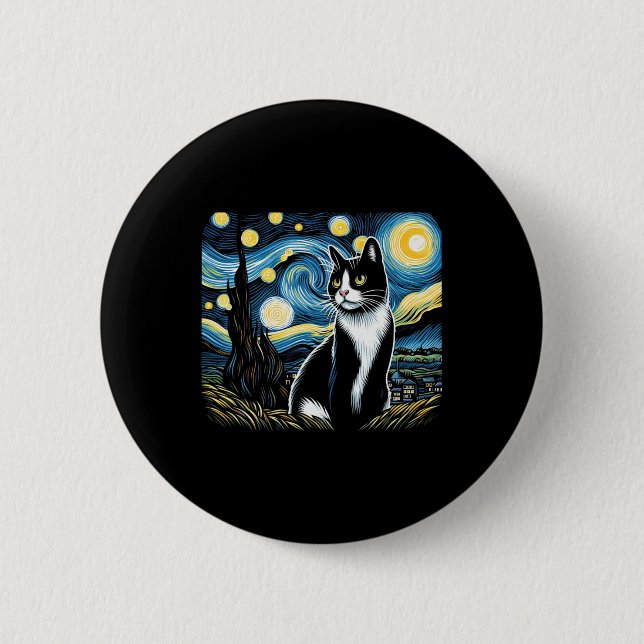 Badge Rond 5 Cm Tuxedo Chat Starry Peinture de nuit Tuxedo Proprié (Devant)