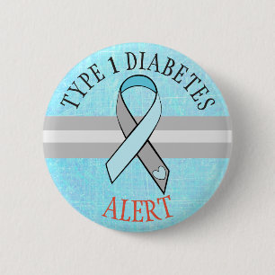 Badge Rond 5 Cm Type 1 Bouton gris bleu d'alerte sur le diabète