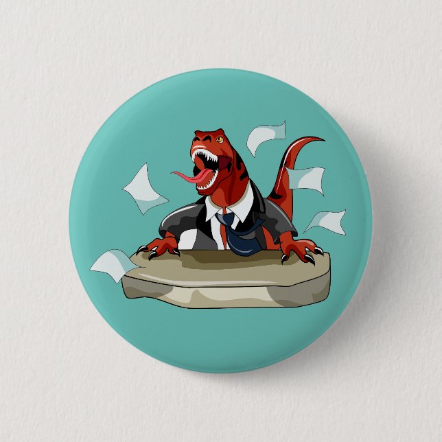 Badge Rond 5 Cm Tyrannosaurus Rex Boss Assis À Un Bureau. (Devant)