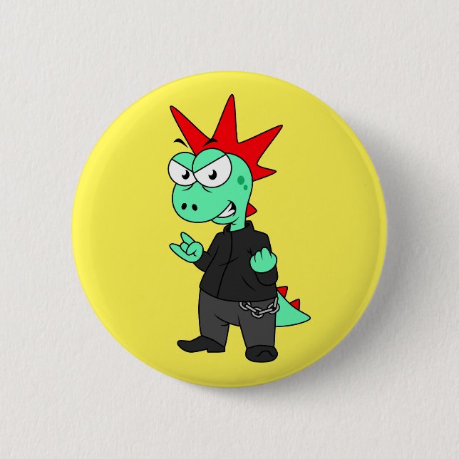 Badge Rond 5 Cm Tyrannosaurus Rex Habillé Comme Un Punk. (Devant)