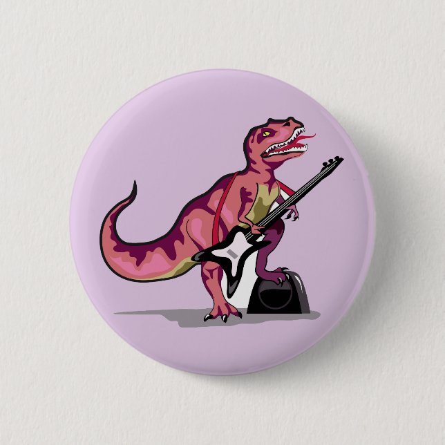 Badge Rond 5 Cm Tyrannosaurus Rex Jouant La Guitare. (Devant)