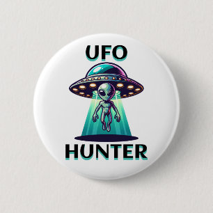 Badge Rond 5 Cm UFO Hunter   Ai Art avec UFO et Alien