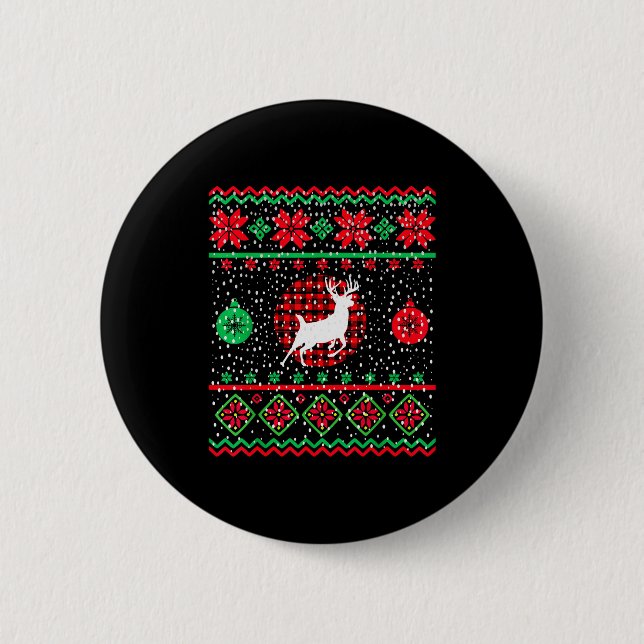 Badge Rond 5 Cm Ugly Christmas Sweater Design Plaid Reindeer  (Devant)