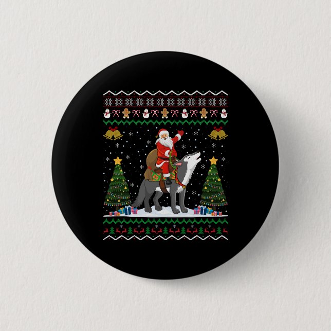 Badge Rond 5 Cm Ugly Wolf Xmas Gift Santa Riding Wolf Christmas  (Devant)
