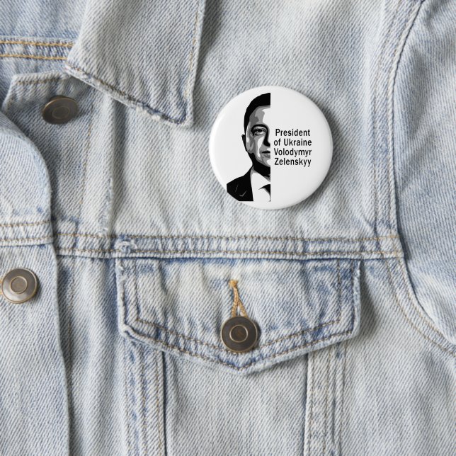 Badge Rond 5 Cm Ukraine Président Zelenskyy Half Portrait B&W (En situation)