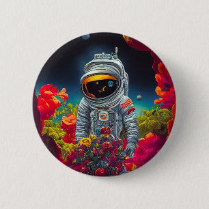 Badge Rond 5 Cm Un astronaute coloré dans l'espace avec des fleurs