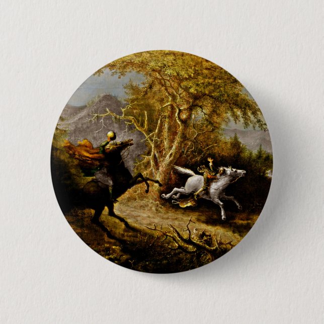 Badge Rond 5 Cm Un cavalier sans tête poursuivant la grue Ichabod (Devant)
