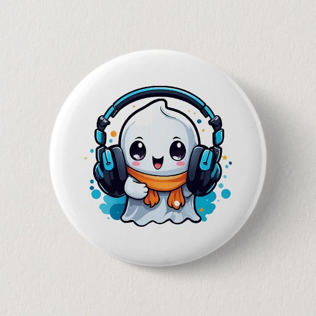 Badge Rond 5 Cm Un fantôme mignon et effrayant avec des écouteurs (Devant)