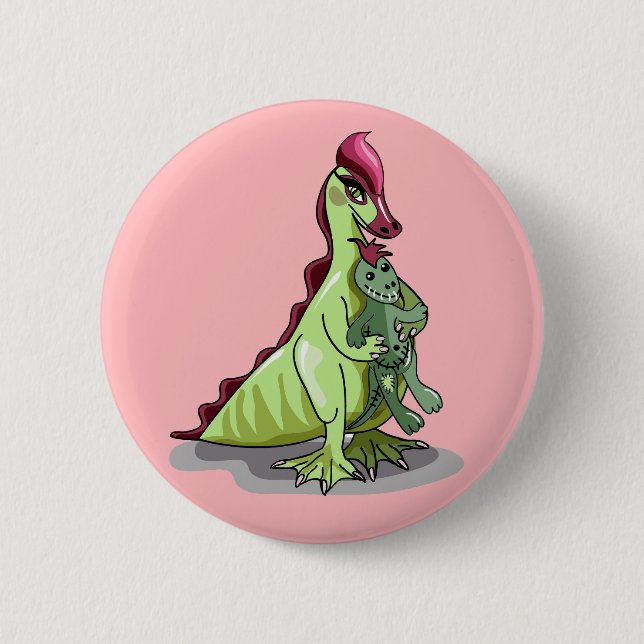 Badge Rond 5 Cm Un Hadrosaurus Féminin Tenant Une Poupée. (Devant)