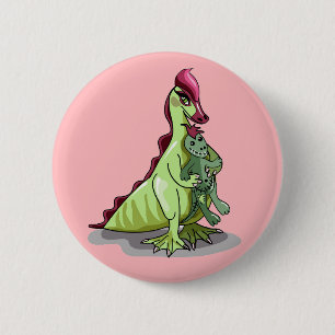 Badge Rond 5 Cm Un Hadrosaurus Féminin Tenant Une Poupée.