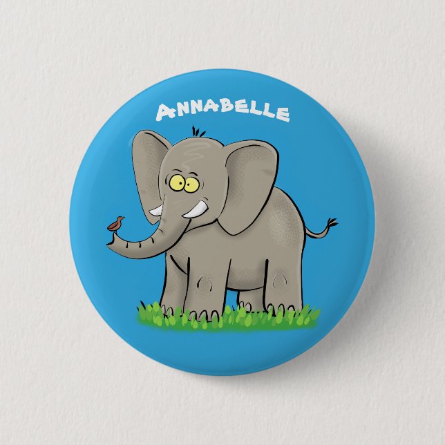 Badge Rond 5 Cm Un joli éléphant drôle avec un oiseau sur le tronc (Devant)