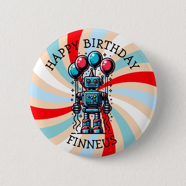 Badge Rond 5 Cm Un joyeux anniversaire pour un garçon à thème robo (Devant)
