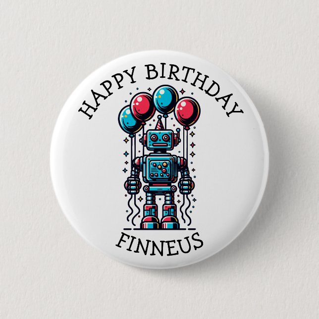 Badge Rond 5 Cm Un joyeux anniversaire pour un garçon à thème robo (Devant)