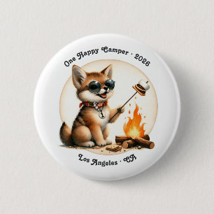Badge Rond 5 Cm Un joyeux campeur coyote camping 1er anniversaire