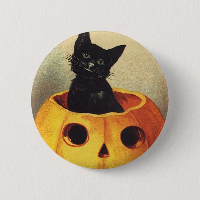 Badge Rond 5 Cm Un joyeux Halloween par Ellen Clapsaddle, Chat Vin (Devant)