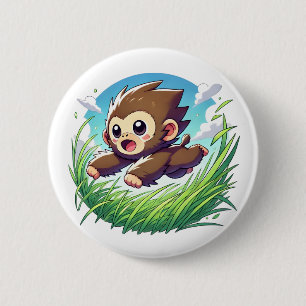 Badge Rond 5 Cm Un singe adorable sautant à travers un champ