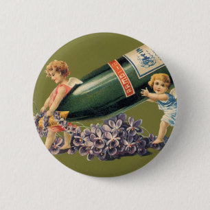 Badge Rond 5 Cm Une Bonne Année, Anges Vintage avec du Champagne