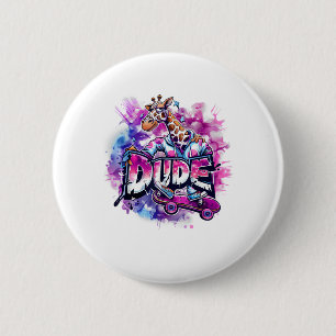 Badge Rond 5 Cm Une Girafe Portant Un Pyjama Et Montant Un Skatebo