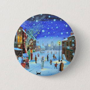 Badge Rond 5 Cm Une scène de rue d'hiver de grippe-sou de chant de