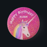 Badge Rond 5 Cm Unicorn Pink Glitter Girls Birthday Personalized<br><div class="desc">Surprise a unicorn lover with this Cute Unicorn Pink Glitter Girls Birthday Personalized button. It is modern designed with a pink faux glitter background and pretty white unicorn on the center. Her hair is rainbow colors and has flowers on top of head. The text is "happy birthday" and child's name...</div>