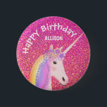 Badge Rond 5 Cm Unicorn Pink Glitter Girls Birthday Personalized<br><div class="desc">Surprise a unicorn lover with this Cute Unicorn Pink Glitter Girls Birthday Personalized button. It is modern designed with a pink faux glitter background and pretty white unicorn on the center. Her hair is rainbow colors and has flowers on top of head. The text is "happy birthday" and child's name...</div>