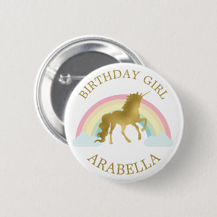 Badge Rond 5 Cm Unicorne d'or "fille d'anniversaire" Personnalisé