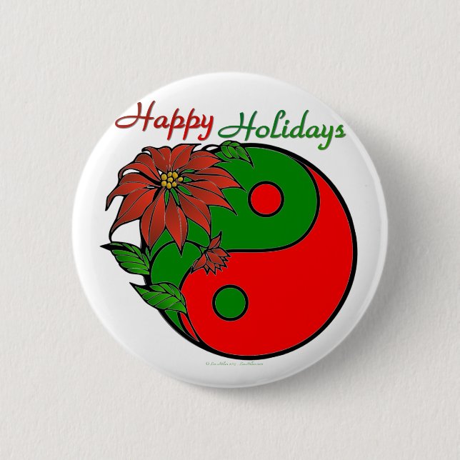 Badge Rond 5 Cm Vacances Yin Yang Poinsettia Rouge Vert (Devant)